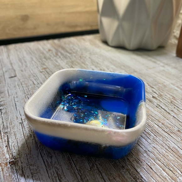 Square Tray / Dish - Blue + Black + White + Iridescent Rainbow Confetti - Picture 7 of 17